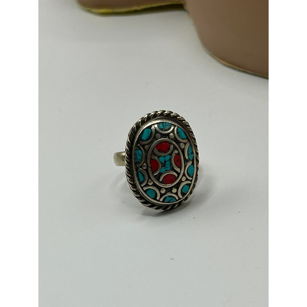 Turquoise & Coral Tibetan Silver Pendant Necklace Set w/ Earrings & Ring - Picture 6 of 8